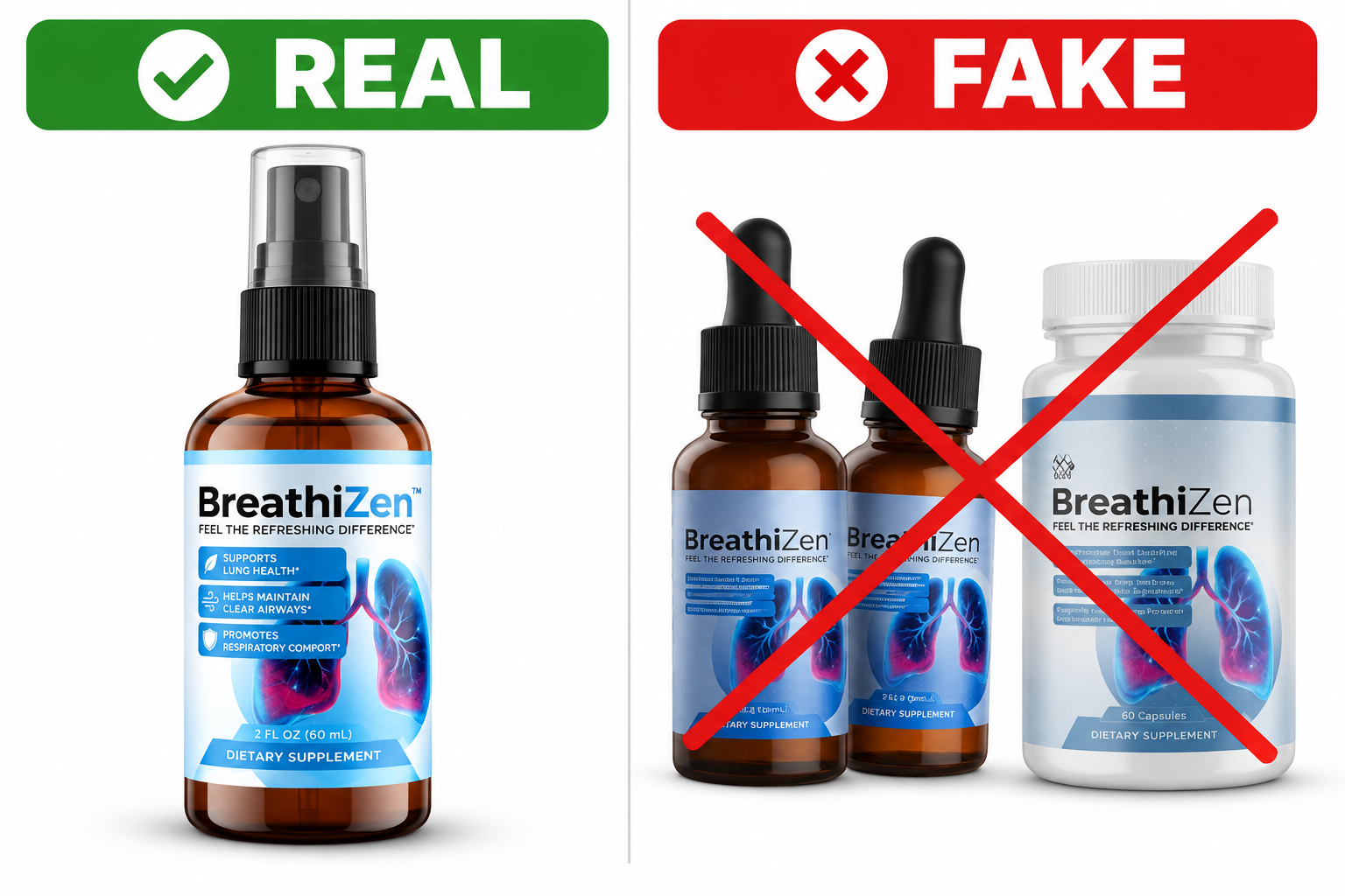 Real BreathiZen spray bottle compared with fake BreathiZen products